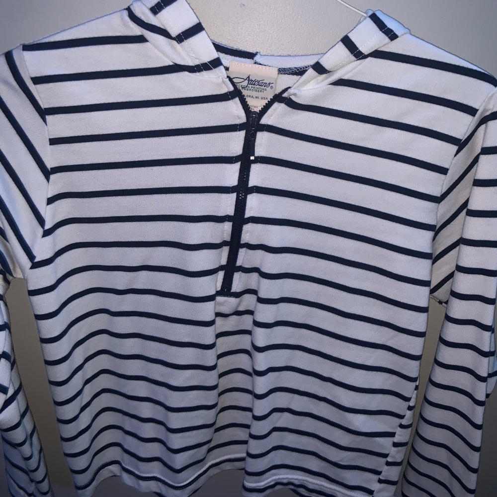 Blue and white stripped half zip with hoodie